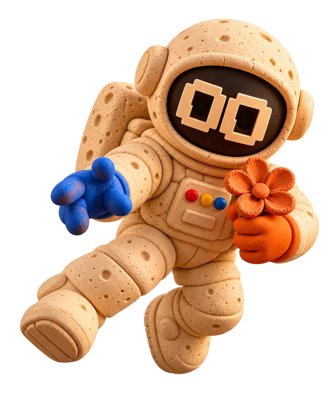 The floating Origin & Orbit clay astronaut with logo eyes holding a handmade flower