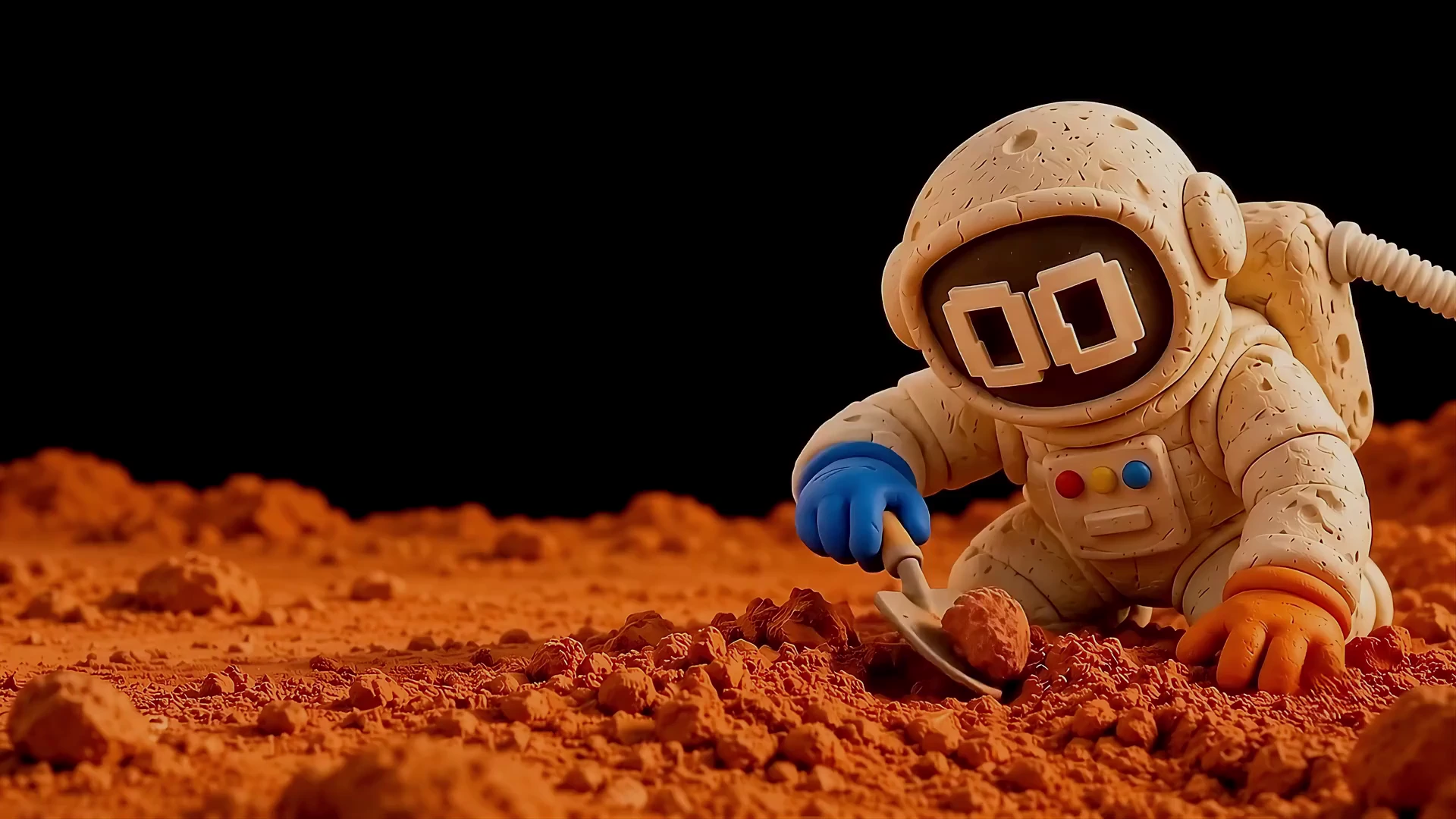 A handmade clay astronaut with Origin & Orbit logo eyes gathers clay on Mars